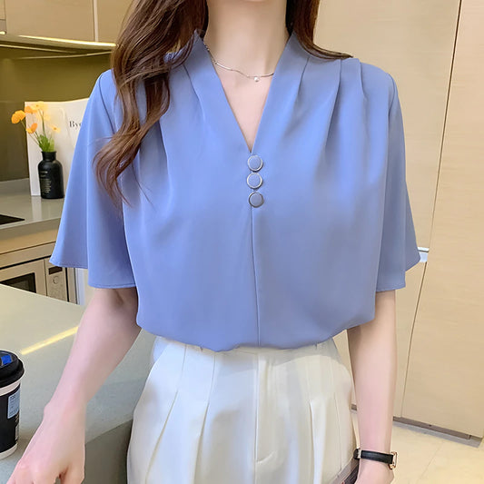 V-Neck Elegant Short Sleeve Office Blouse Shirt