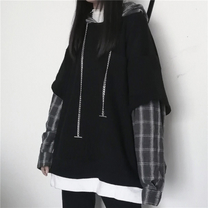 Hip Hop Sleeve Plaid Loose Hoodie