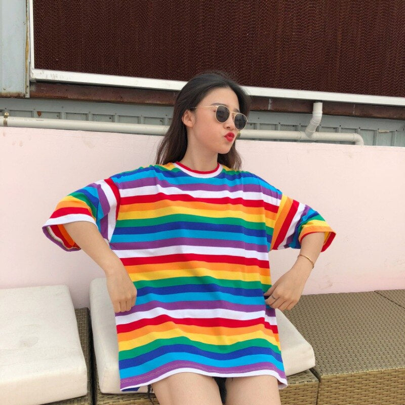 Short Sleeve Cute Rainbow Striped Shirts