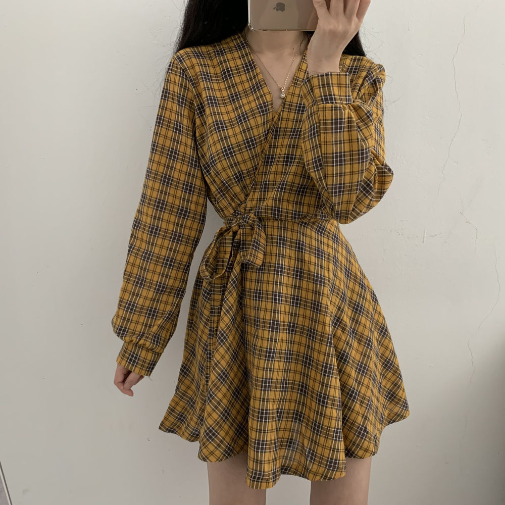 Long Sleeve Cute Bow Plaid Midi Dress