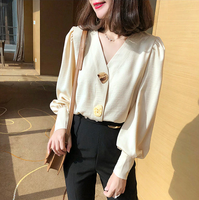 Long Sleeve V-Neck Lantern Chiffon Shirts