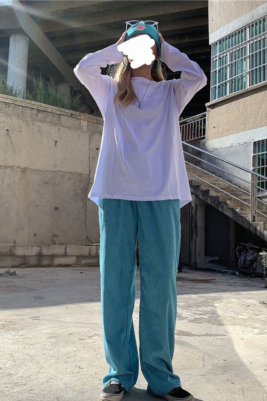 Loose Wide Leg Blue Corduroy Long Pants