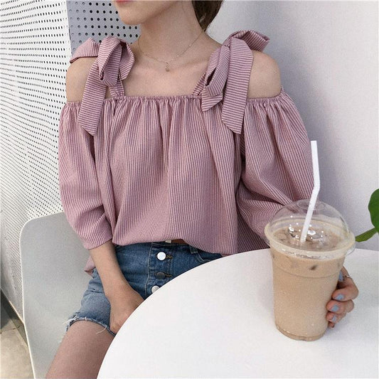 Loose Slash Neck Bow Blouse Shirts