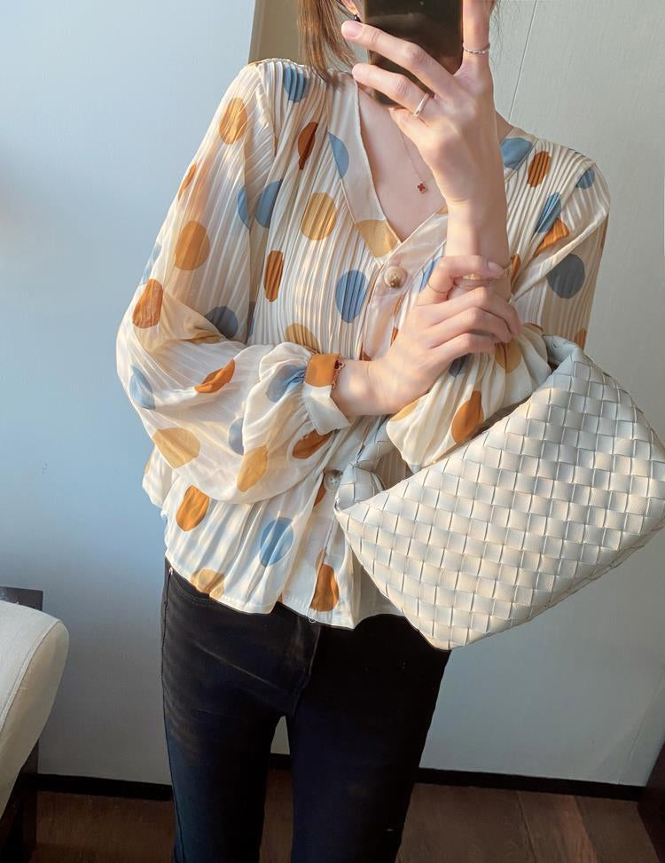 Long Sleeve Chiffon Elegant Polka Dot Blouse Shirt