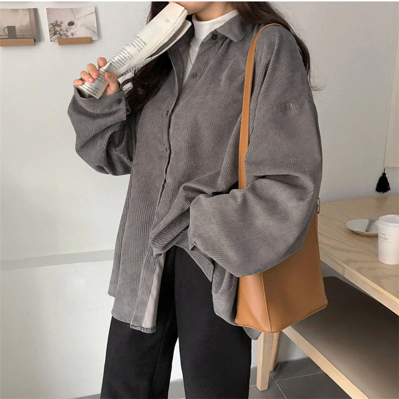 Long Sleeve Oversize Solid Corduroy Blouse Shirts