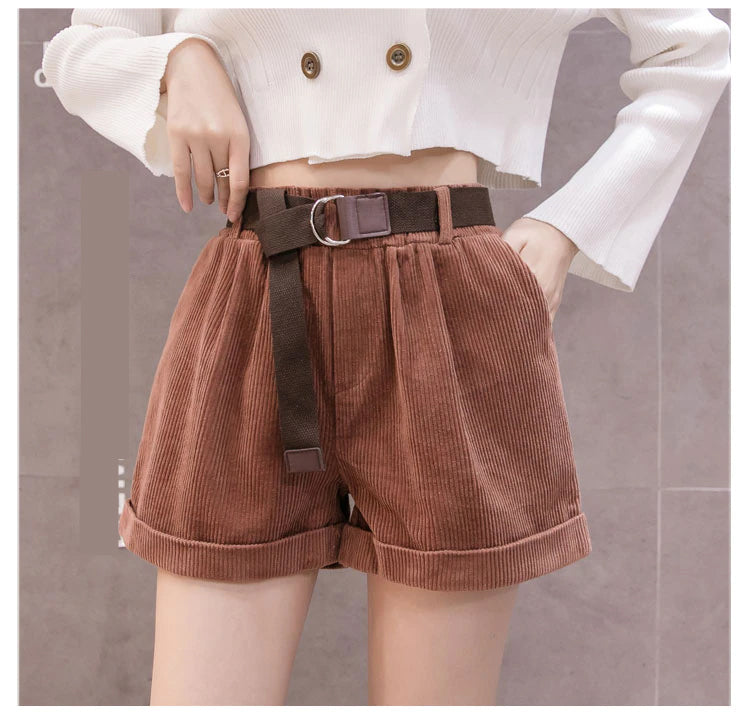 High Waist Mini Corduroy Shorts Pants With Belt