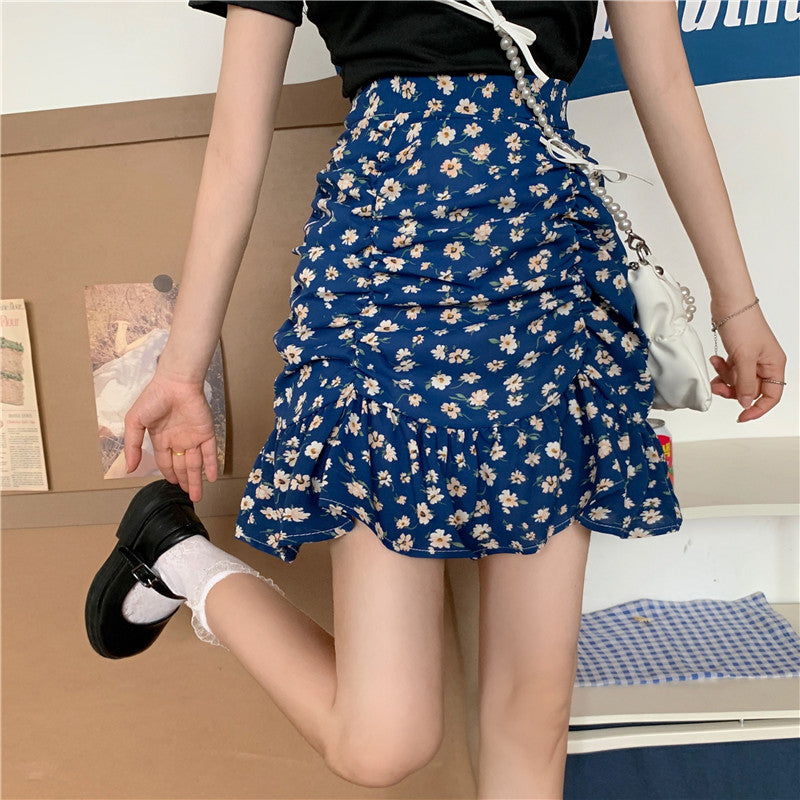 High Waist Fold Floral Pattern Mini Skirts