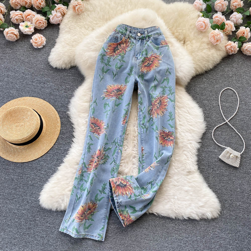 High Waist Sun Flower Pattern Jeans Pants