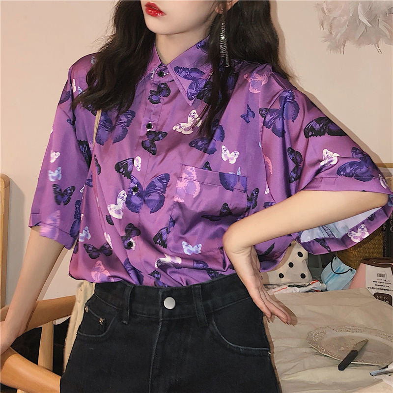 Short Sleeve Butterfly Pattern Purple Shirts