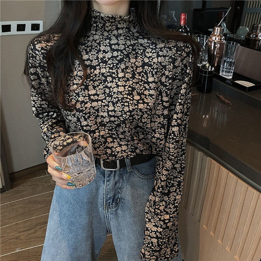 Long Sleeve Daisy Pattern Turtleneck Shirts