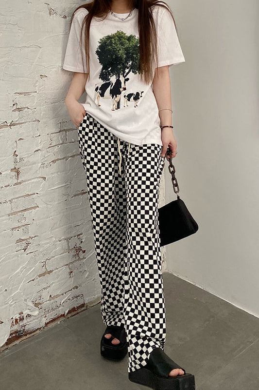 High Waist Loose Chess Plaid Long Pants