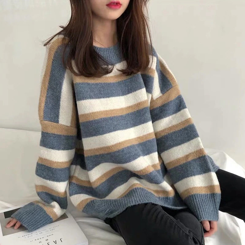 Long Sleeve Retro Striped Knitted Sweater