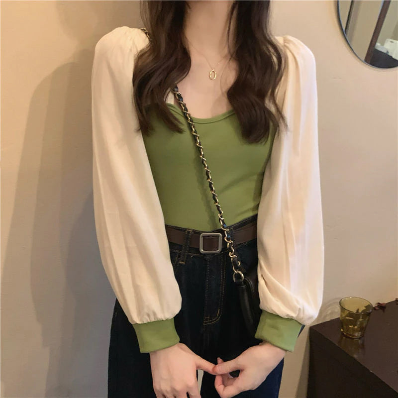 Long Sleeve Color Stitching Blouse Shirts