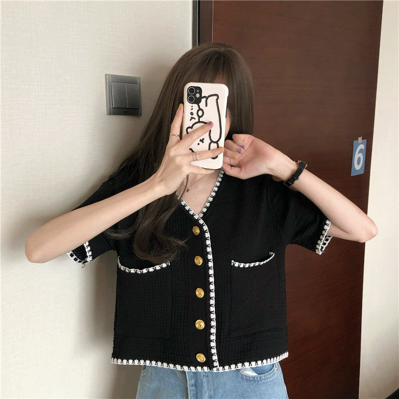 Short Sleeve Knitted Tunic Cropped Shirt