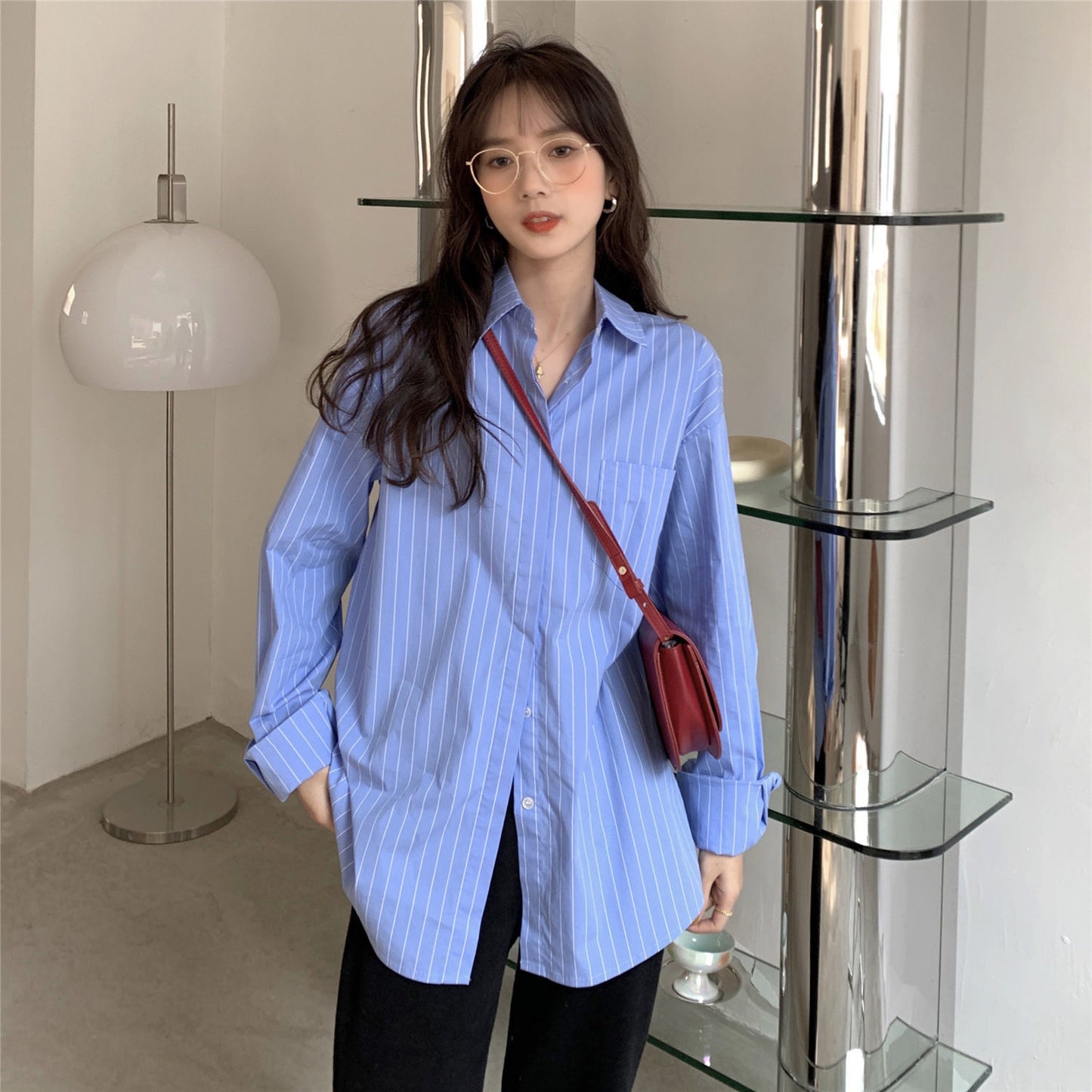 Long Sleeve Blue Striped Blouse Shirt