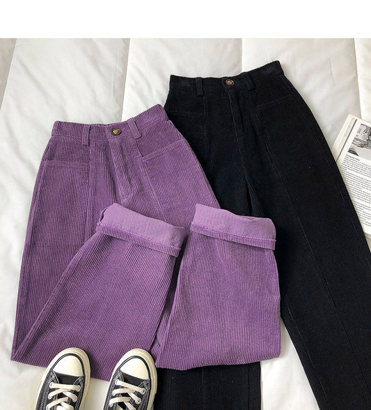 Loose Elastic Waist Purple Solid Corduroy Long Pants