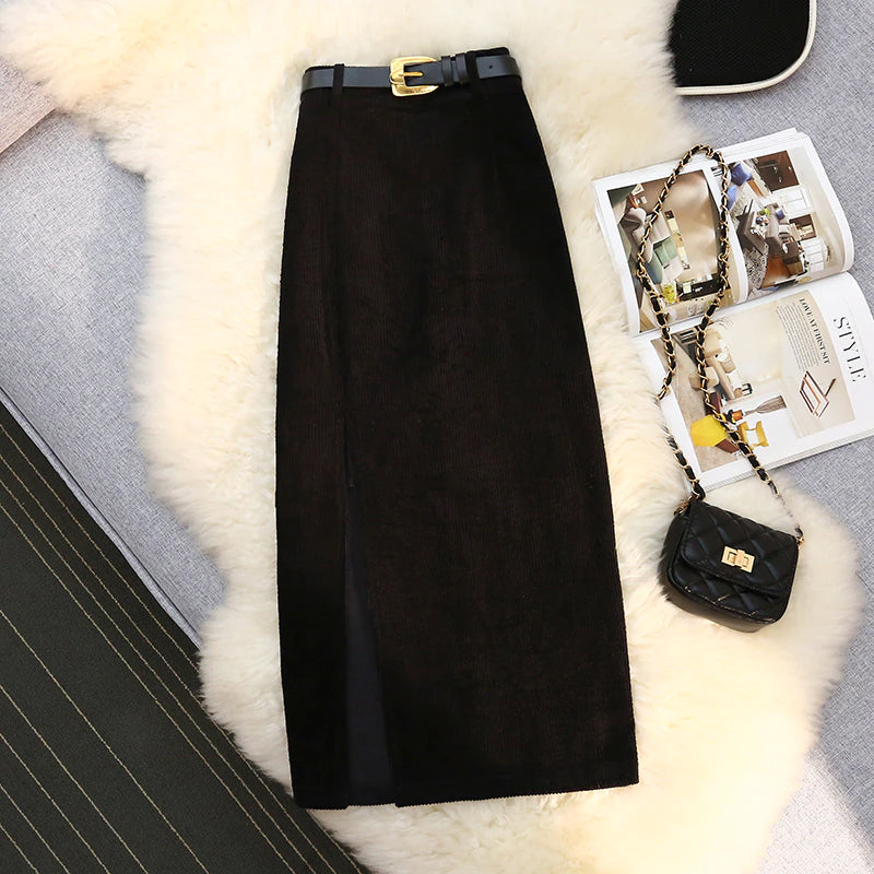 High Waist Side Slit Elegant Corduroy Long Skirts