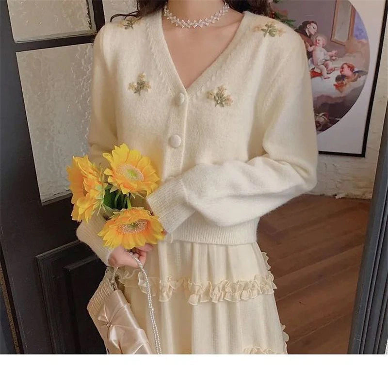 V-Neck Floral Embroidered Knitted Cardigan Sweater