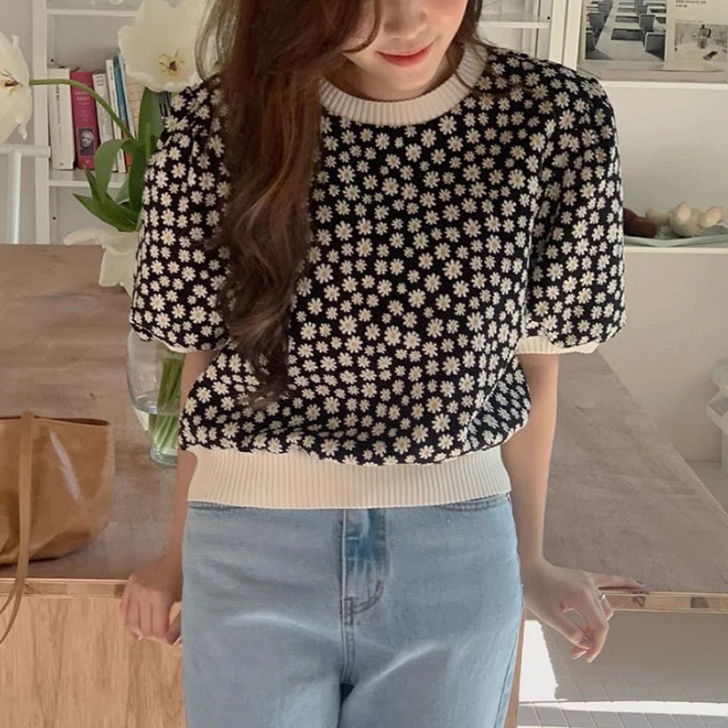 Puff Sleeve Daisy Pattern O-Neck Slim Shirts