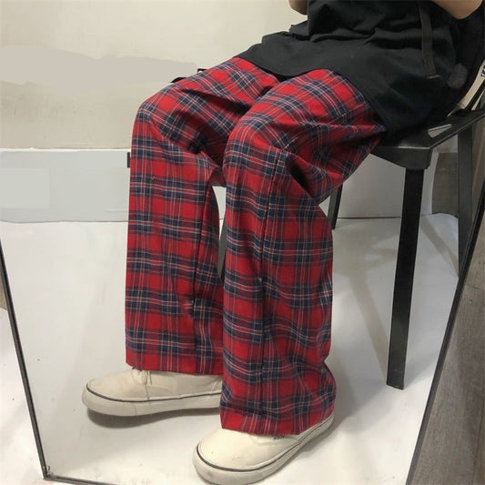 High Waist Red Plaid Wide Leg Pants