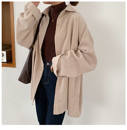 Long Sleeve Oversize Solid Corduroy Blouse Shirts