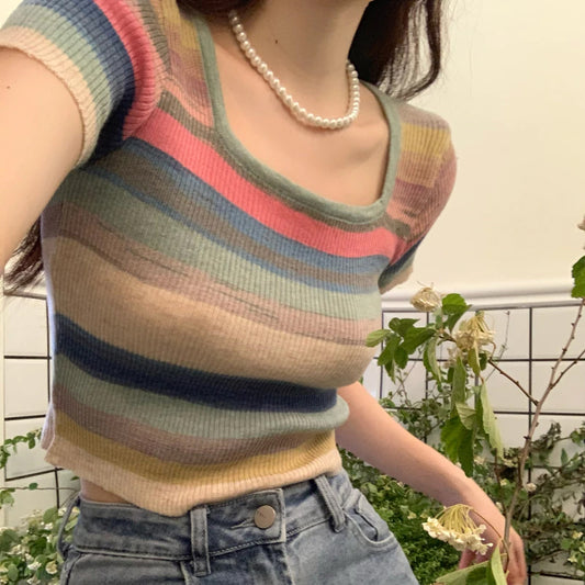 U-Neck Striped Cropped Slim Shirts