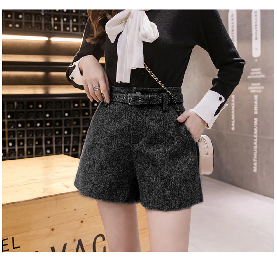 High Waist Woolen Belted Office Mini Shorts