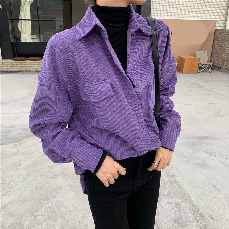 Long Sleeve Turn Down Collar Purple Corduroy Blouse 