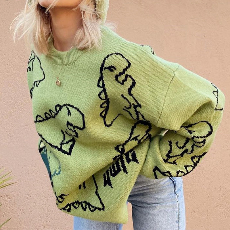 Cute Dinosaur Printed O-Neck Loose Sweater