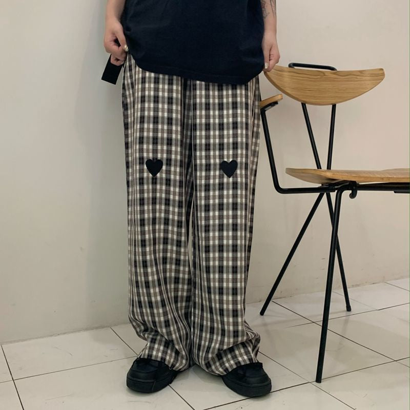 Loose Love Embroidered Plaid Long Pants