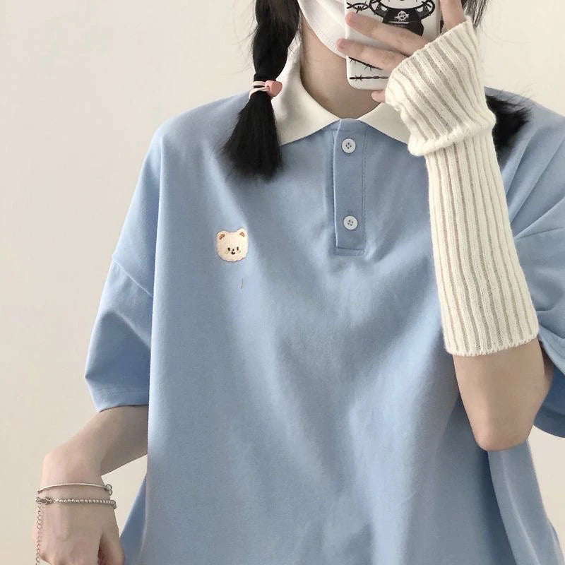 Cute Bear Pocket Embroidered Collar Shirts