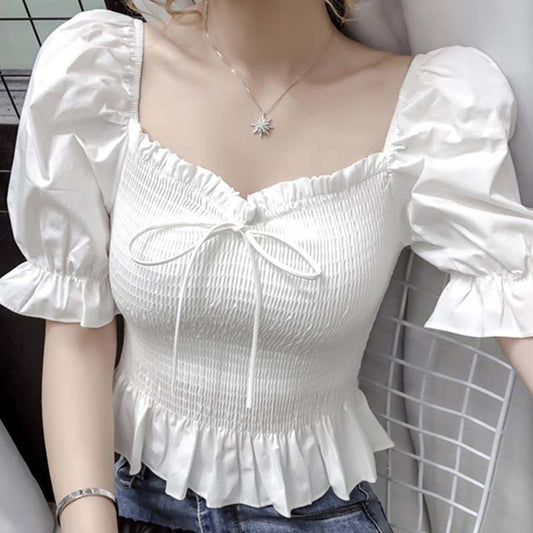 Lace Tie Puff Sleeve Cropped Blouse Shirts