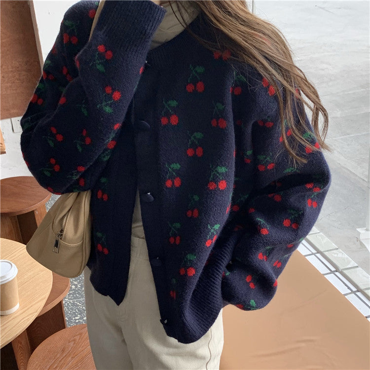 Cherry Full Pattern Knitted Cardigan Sweater