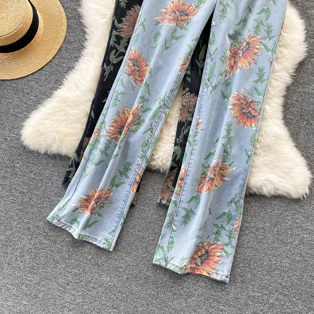 High Waist Sun Flower Pattern Jeans Pants