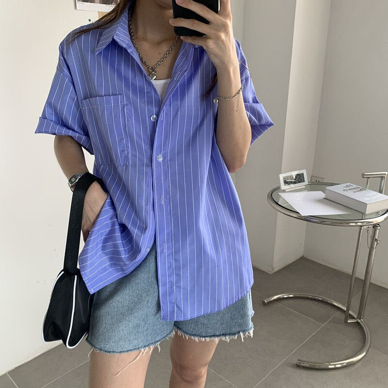 Short Sleeve Blue Striped Blouse Shirt
