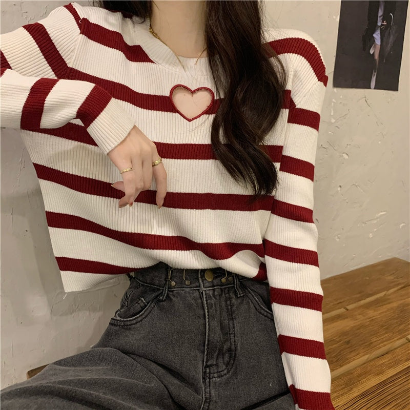 Heart Hole Pattern Striped Sweater