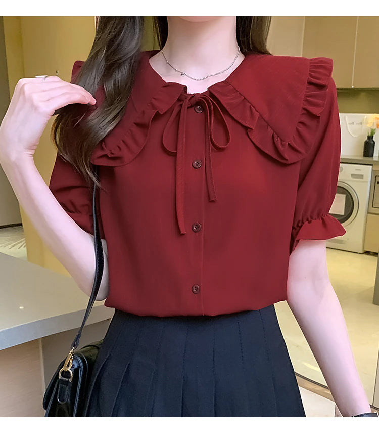 Loose Short Sleeve Doll Collar Blouse Shirt