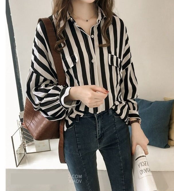 Long Sleeve Loose Elegant Striped Blouse Shirts