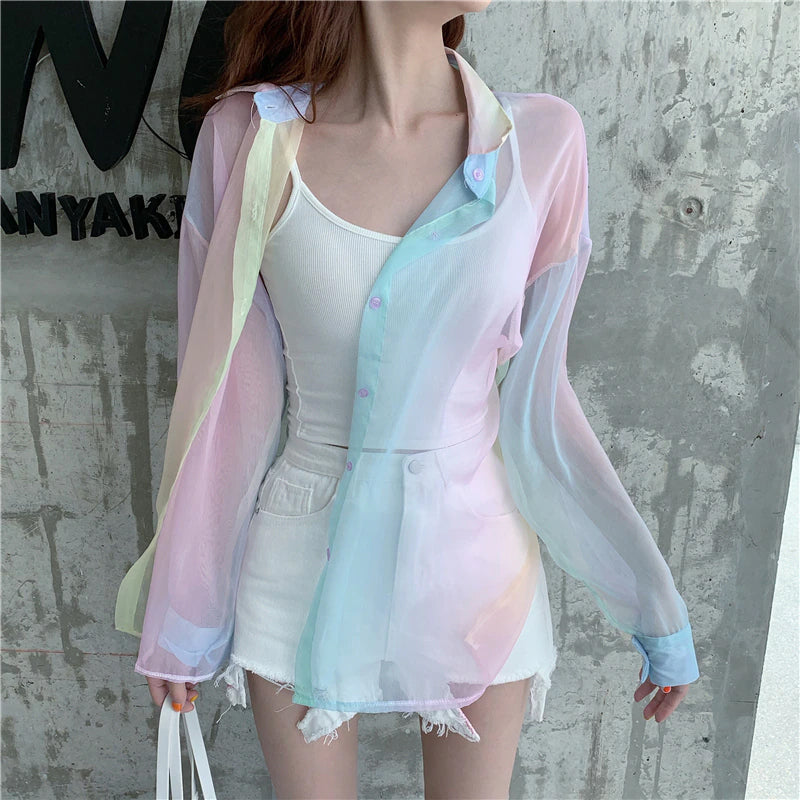 Long Sleeve Pastel Rainbow Transparent Shirts