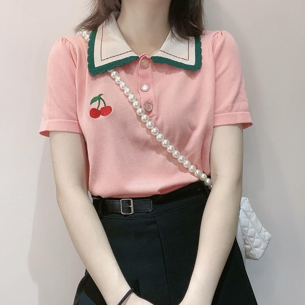 Cherry Pocket Embroidered Collar Shirts