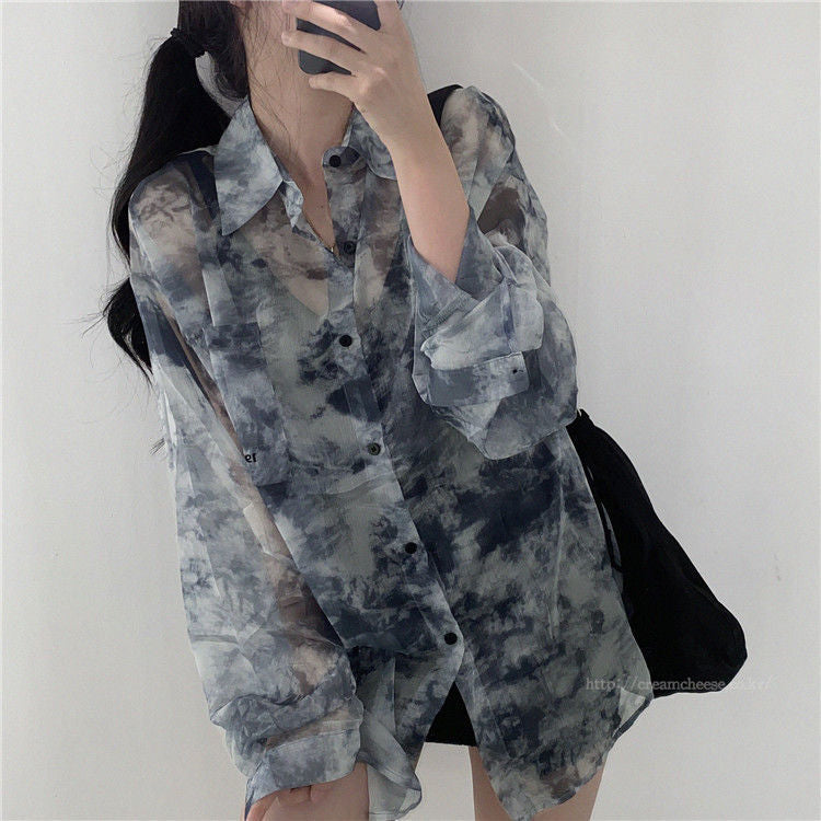 Loose Tie Dye Pattern Semi Transparent Shirts