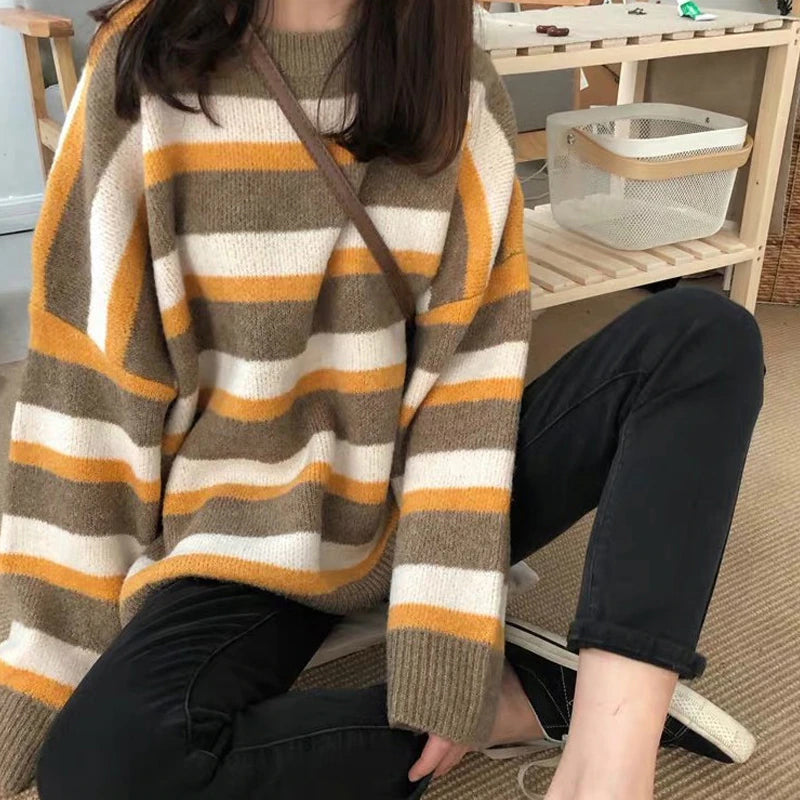 Long Sleeve Retro Striped Knitted Sweater