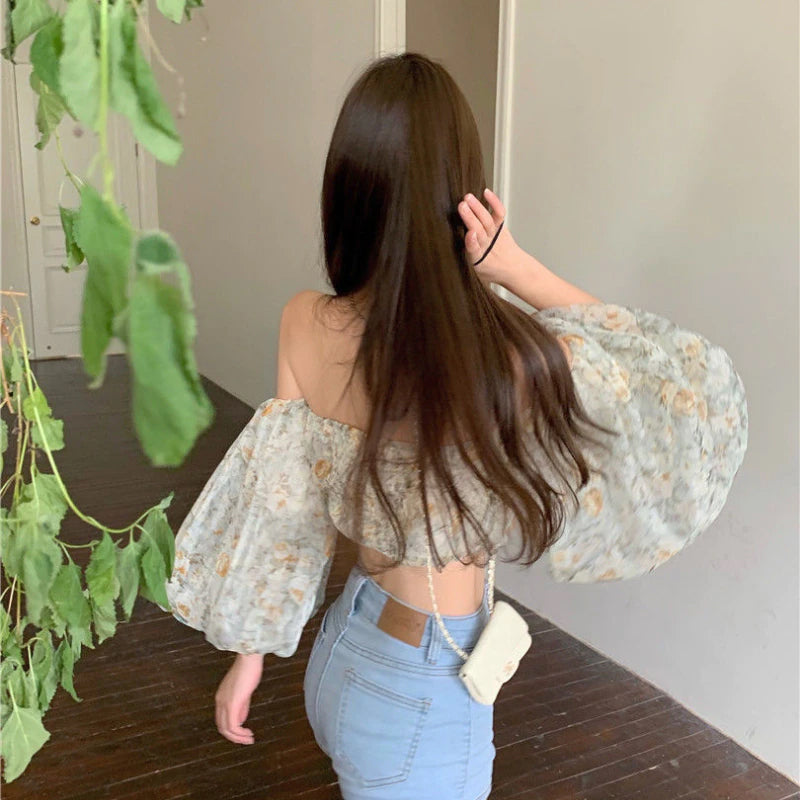 Sexy Floral Pattern Off Shoulder Square Collar Cropped Blouse