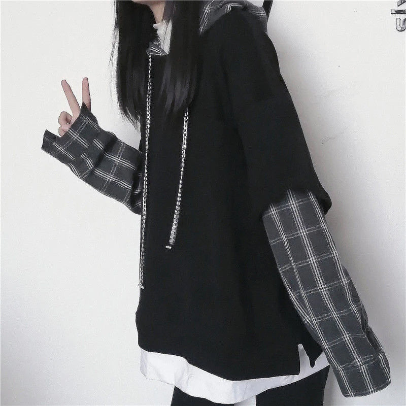 Hip Hop Sleeve Plaid Loose Hoodie