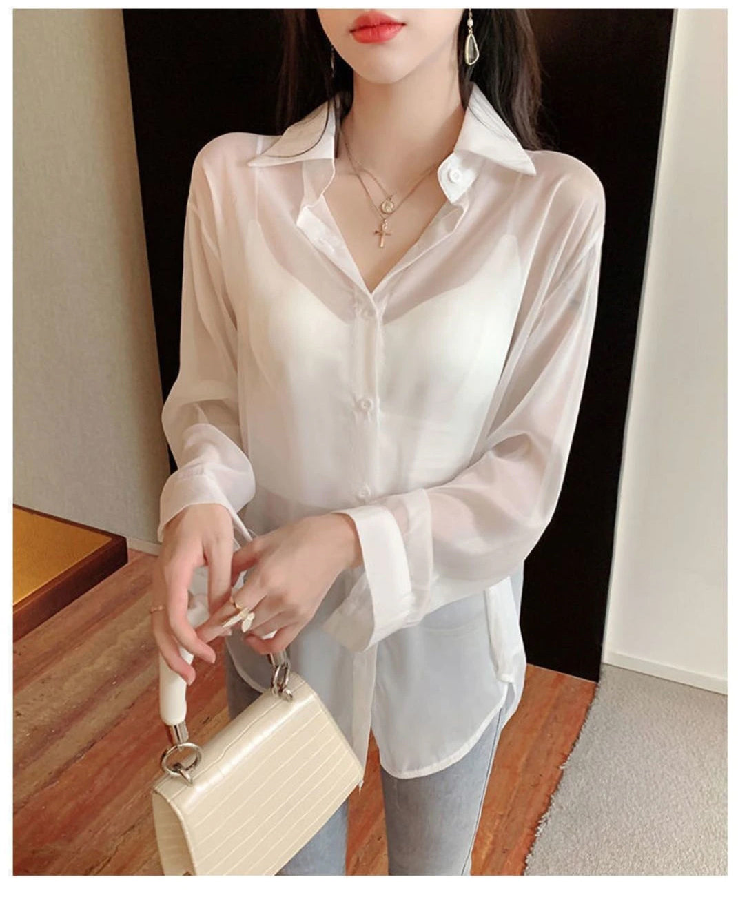 Loose Long Sleeve Chiffon Transparent Blouse Shirts