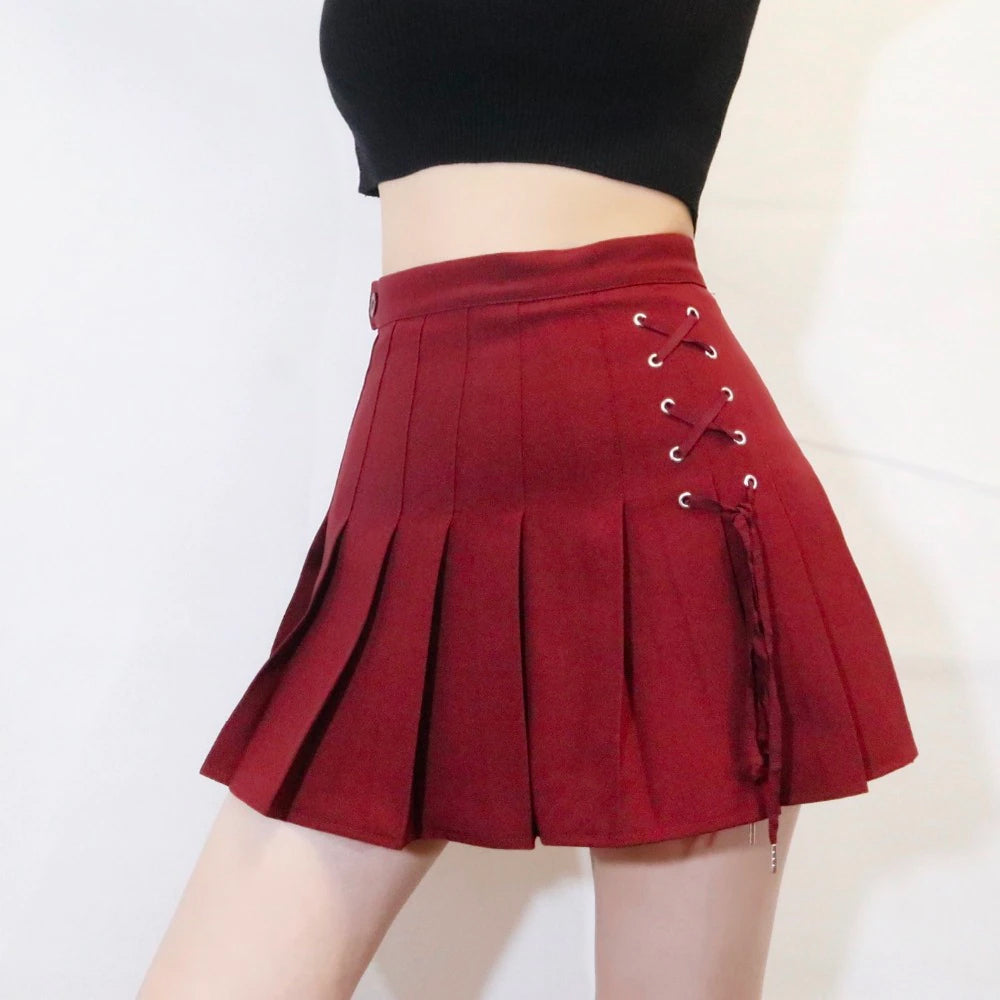 Front Lace Up Tie Pleated Mini Skirts