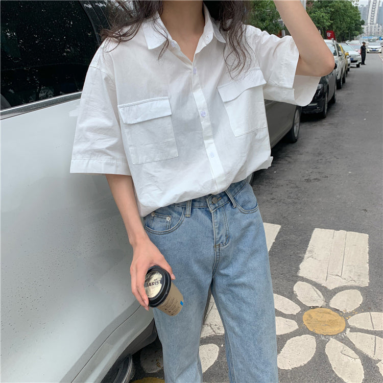 Loose Short Sleeve Double Pocket Blouse Shirts