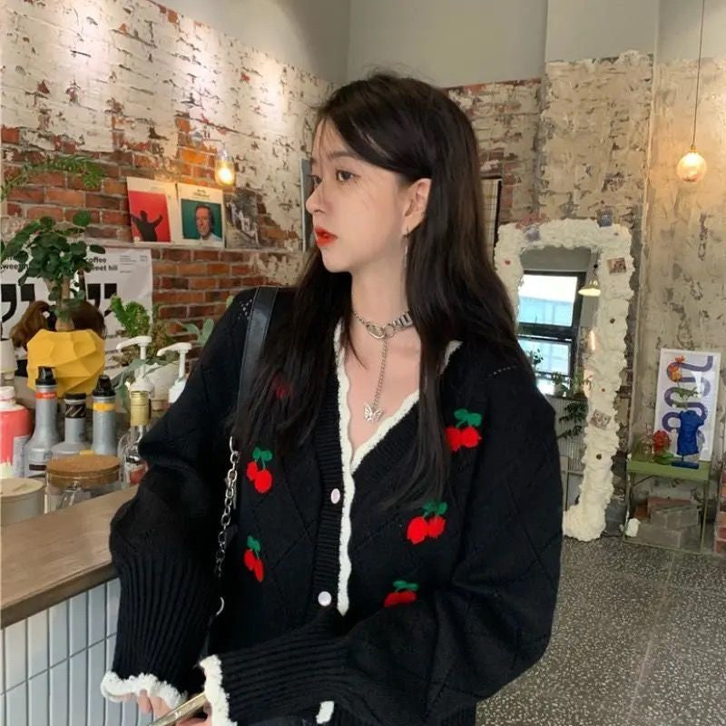 Retro Cherry Pattern Cardigan Sweater