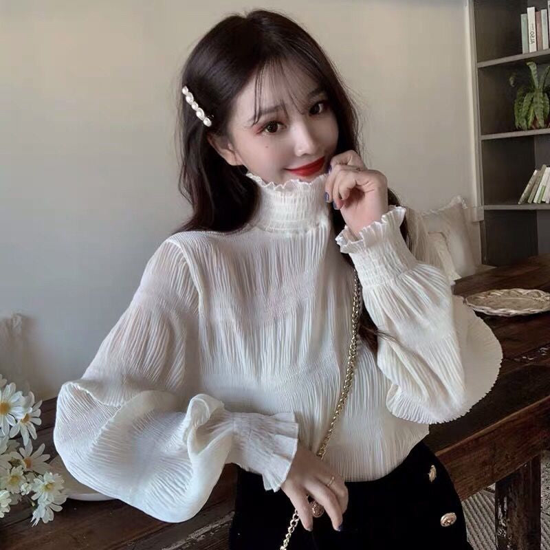 Long Sleeve High Neck Wrinkled Blouse Shirts