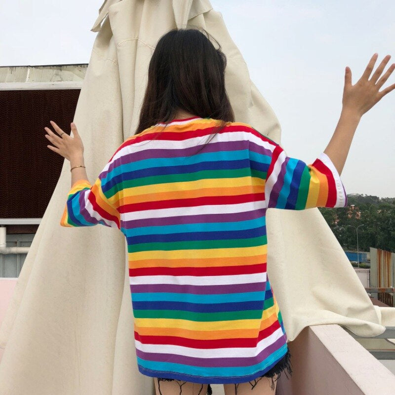 Short Sleeve Cute Rainbow Striped Shirts